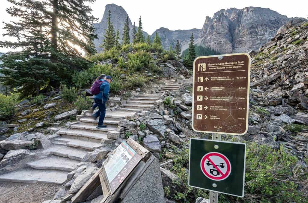 The trail to Consolation Lakes starts to the left of these stairs heading up the Rockpile