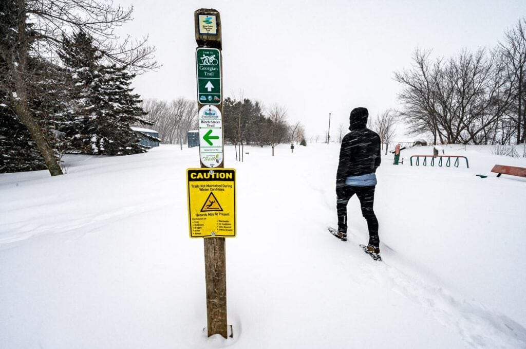 The Georgian Trail in Collingwood on a blowy snowy day - one of the best winter hikes in Ontario 