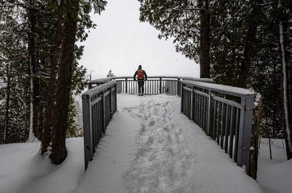 Not much to see from the viewing platform on a winter day in Mono Cliffs Provincial Park