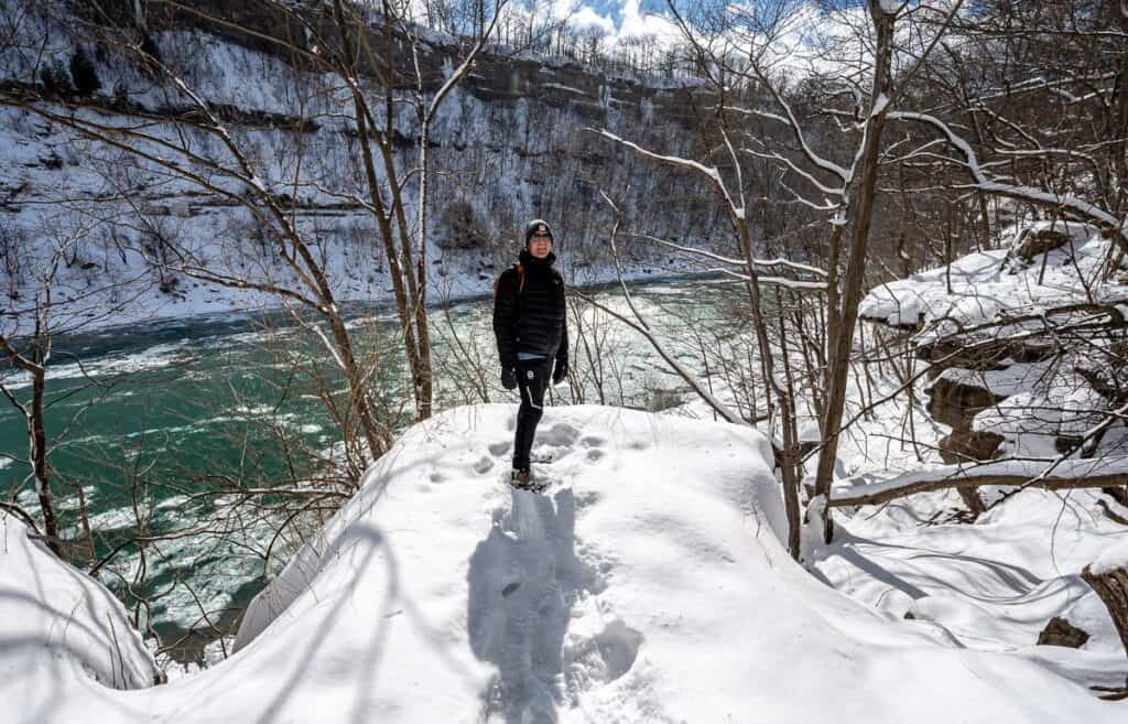 A pretty Niagara River backdrop on one of the premiere winter hikes in Ontario - the Niagara Glen trail