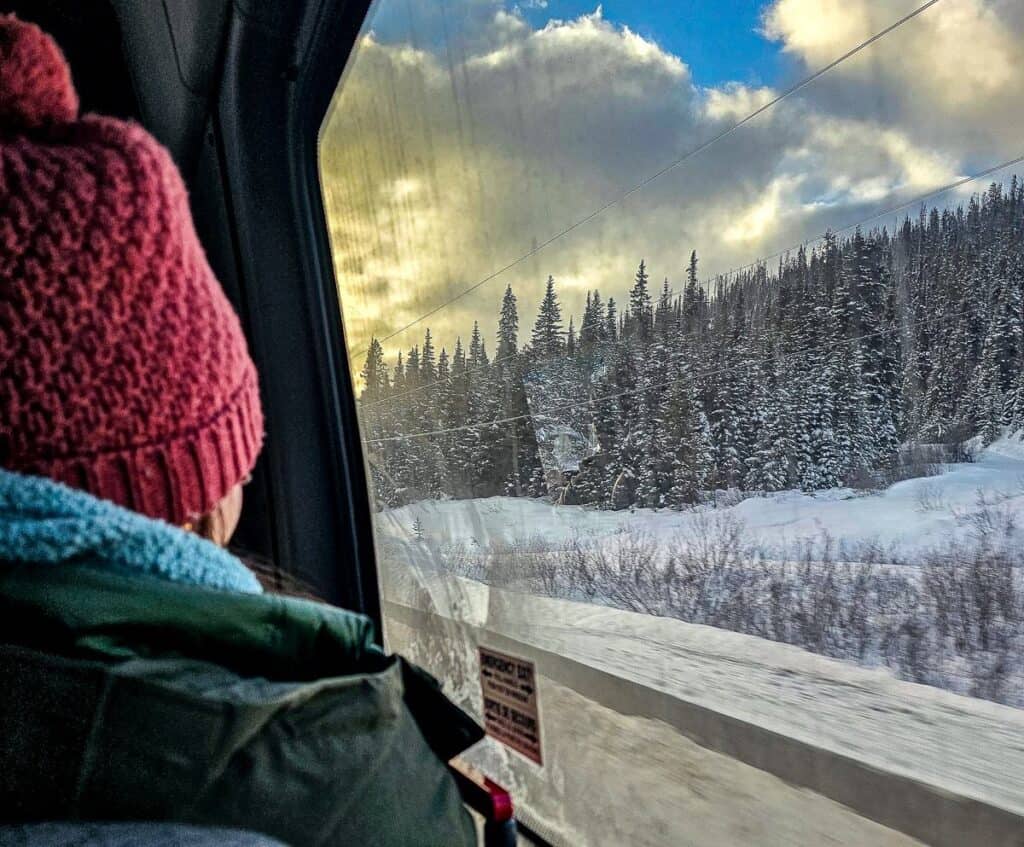 Watching the winter scenery on the Cariboo Gold Rush Trail speed by