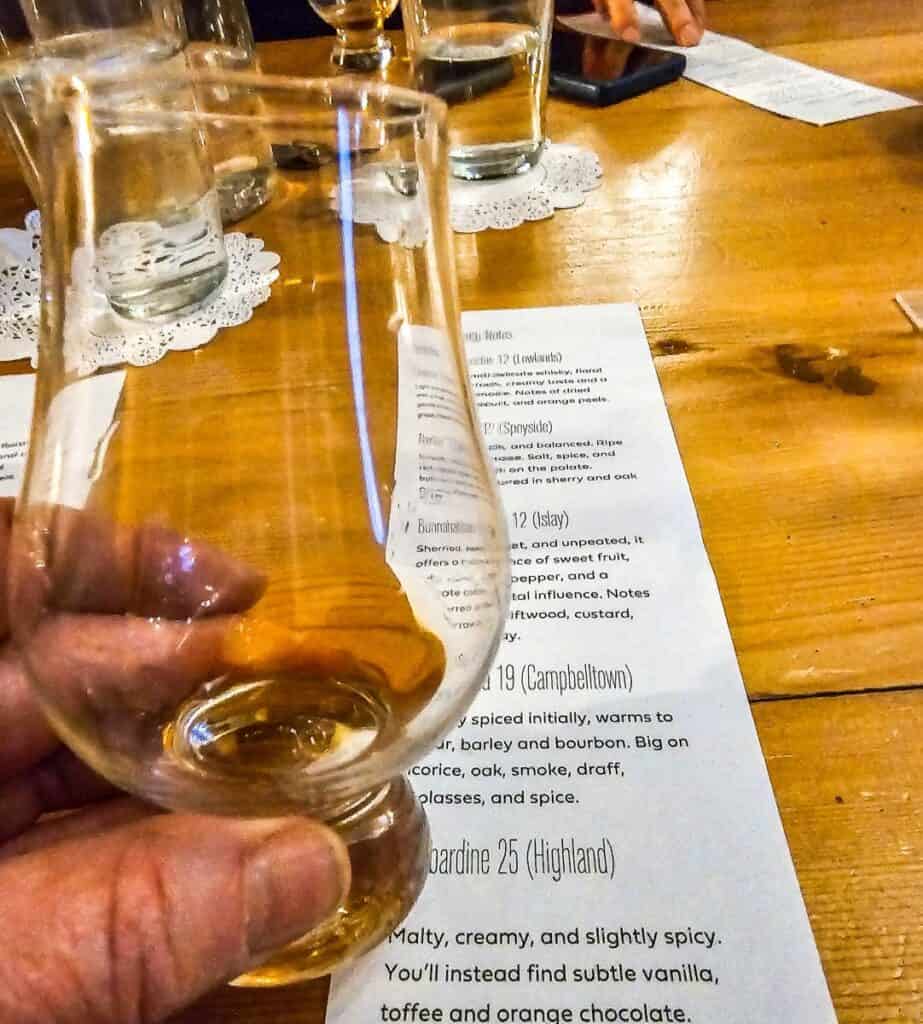 Tasting notes while trying a flight of Scotch at the Wells Hotel on the Cariboo Gold Rush Trail