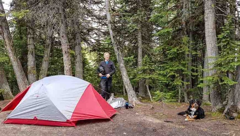 Camping with Rosie at Fish Lakes backcountry campground in Banff National Park