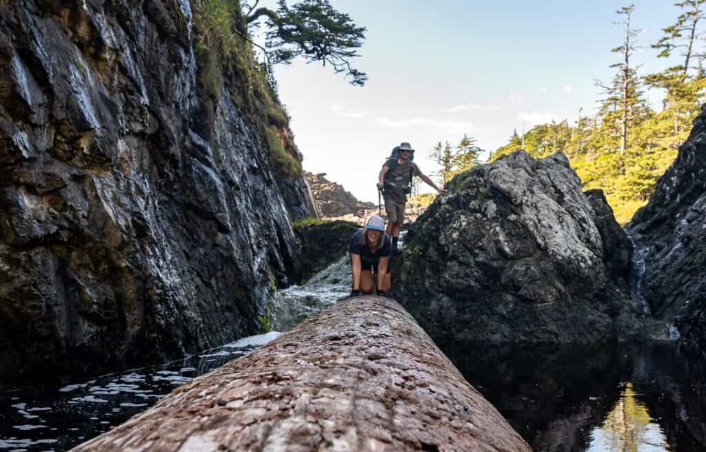 It may not look pretty but crawling along a slippery log beats a swim in deep water