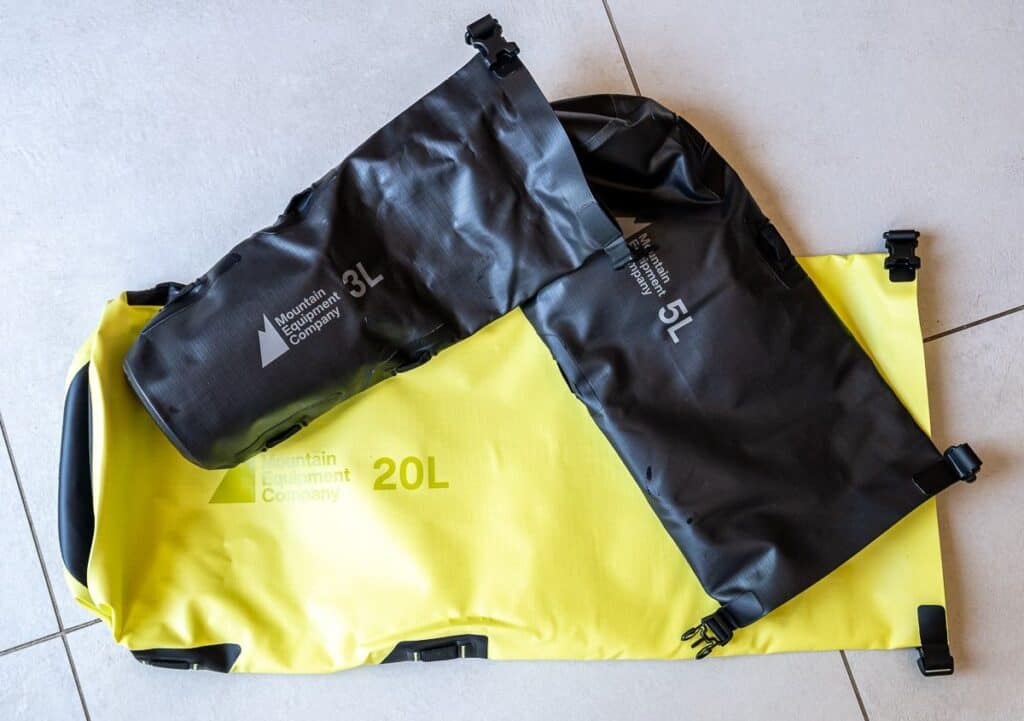 Three of the four sizes of the dry MEC Odyssey bag