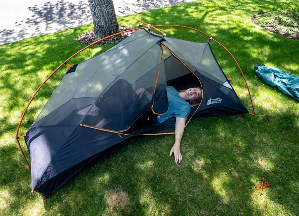 My daughter is trying to get out of the Mec Spark One tent