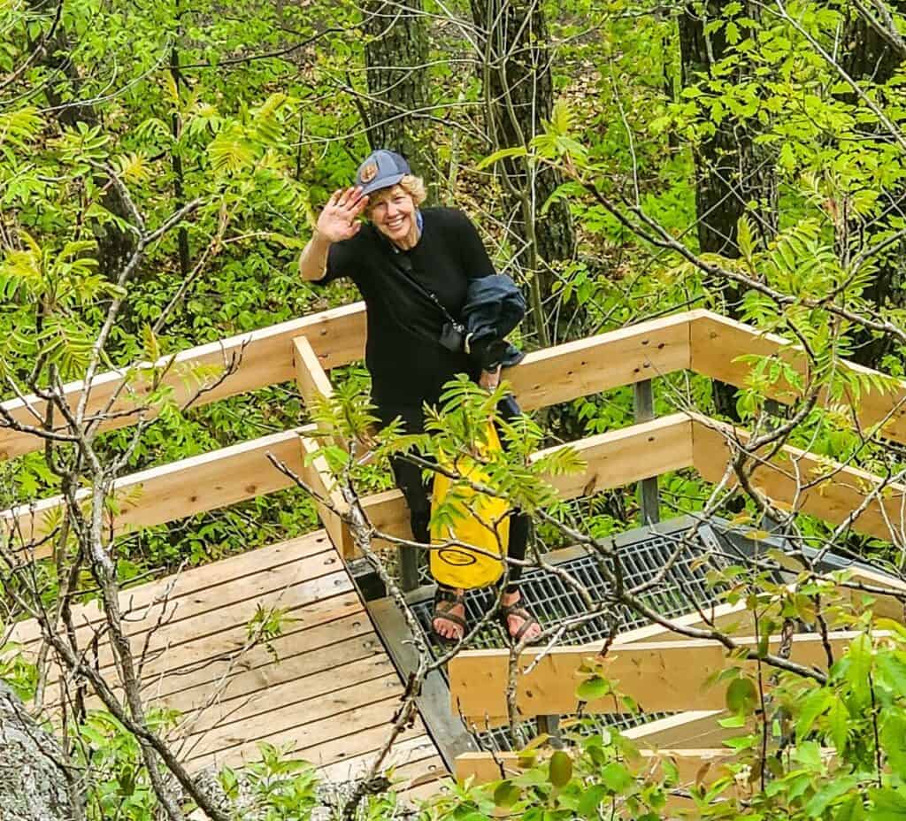 Note the new wooden stairs that take you up the steep sections of the Cliff Top trail
