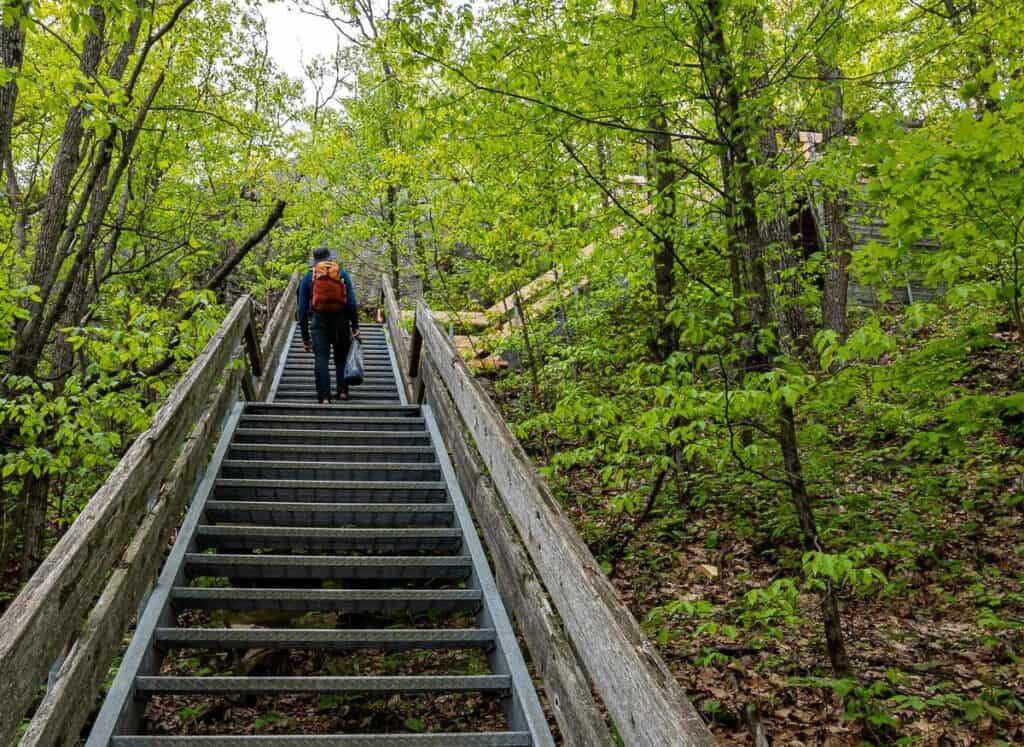 There are several steep sets of stairs you must climb up and down as part of the Cliff Top trail