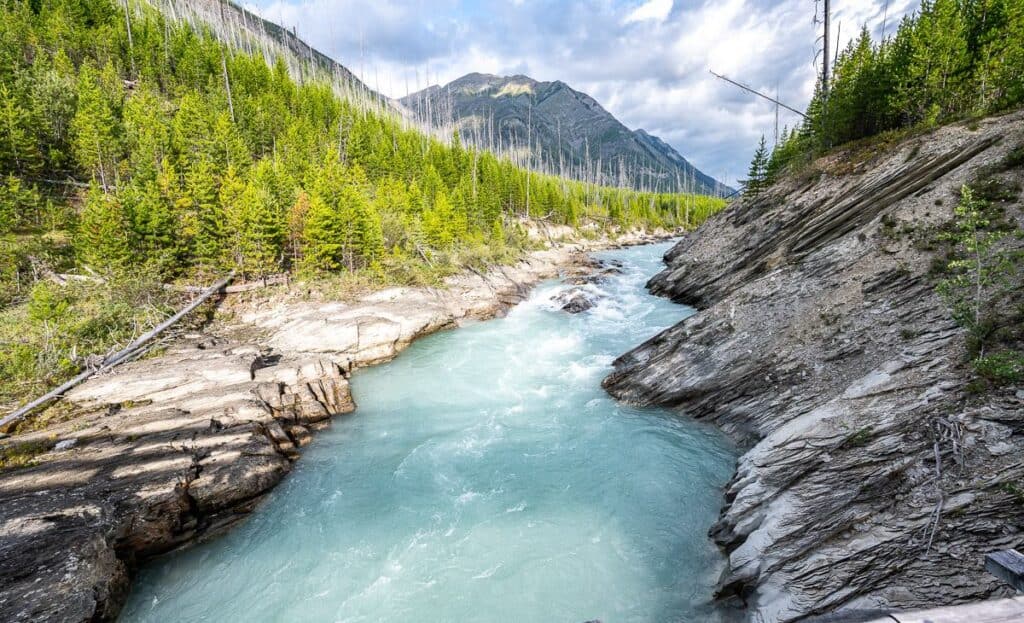 Looking up the Vermilion River at the start of the Floe Lake hike