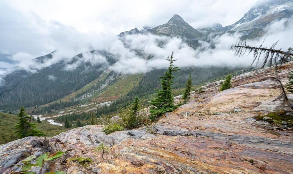 Colorful rocks lead the eye down the valley