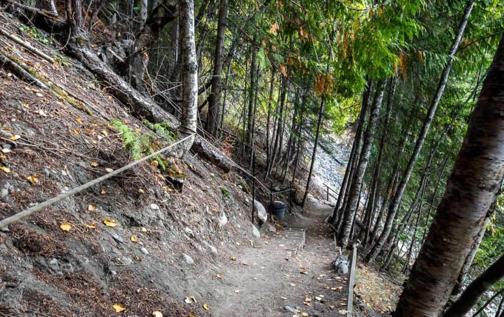 Le bac en bas contient le sel restant, ce qui permet de parcourir le sentier de la rivière Kaslo toute l'année, mais vous aurez probablement besoin de petits pics.